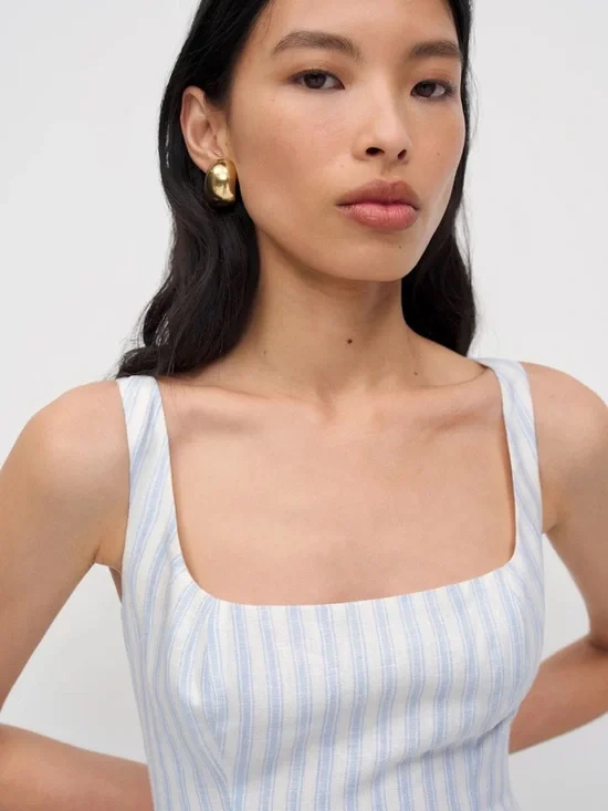 NEW Reformation Janu Midi Linen Dress Swan Stripe Blue White | US 2 / UK 6 - Picture 3 of 15